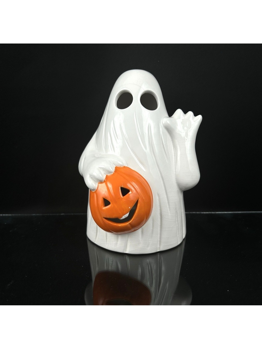 Vintage Colonial Candle Ghost Holding Pumpkin Candle Holder Halloween 1980s